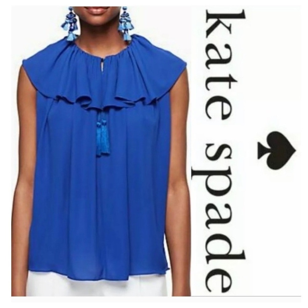 Kate‎ Spade New York Ruffled Tassel Blouse Royal Blue Sleeveless Women's Top
